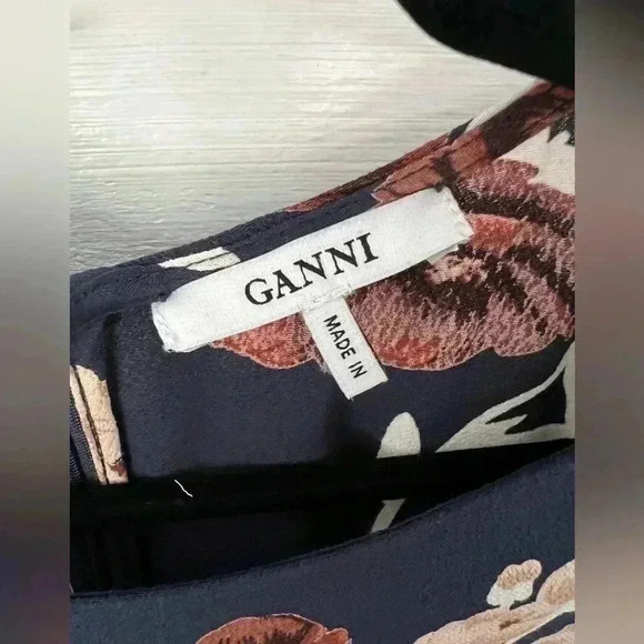 Ganni Dalton Shift Dress in Navy Blue Floral Crepe Long Sleeve Mini - Picture 11 of 16